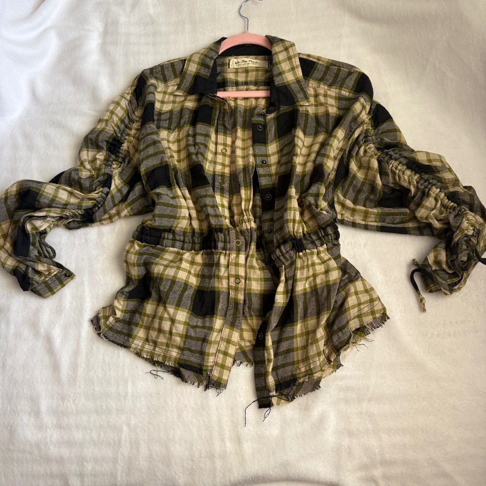 Free People We The Free Pacific Dawn Plaid Cinched Waist Shirt Green XS